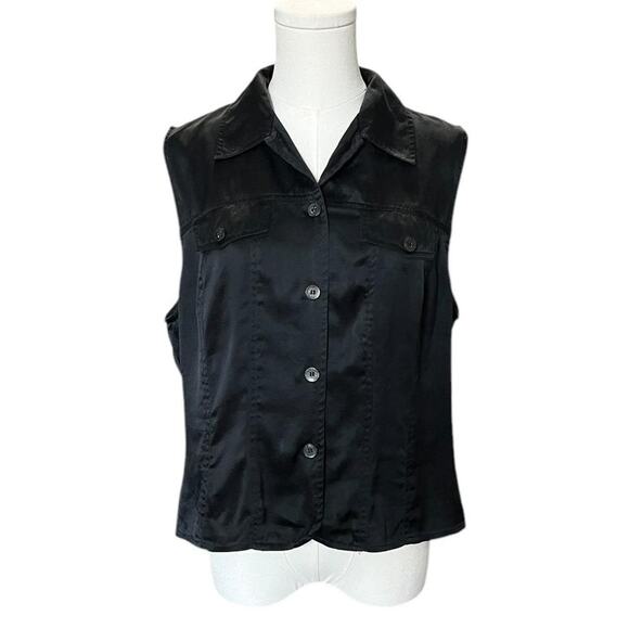 VTG 90s Sophisticates Washed Black Silk Button Up Sleeveless Collared Vest Top L - Picture 3 of 8